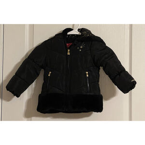 London Fog Black Quilted Hooded Puff Jacket Coat W/ Faux Fur Trim Girls 2T EUC